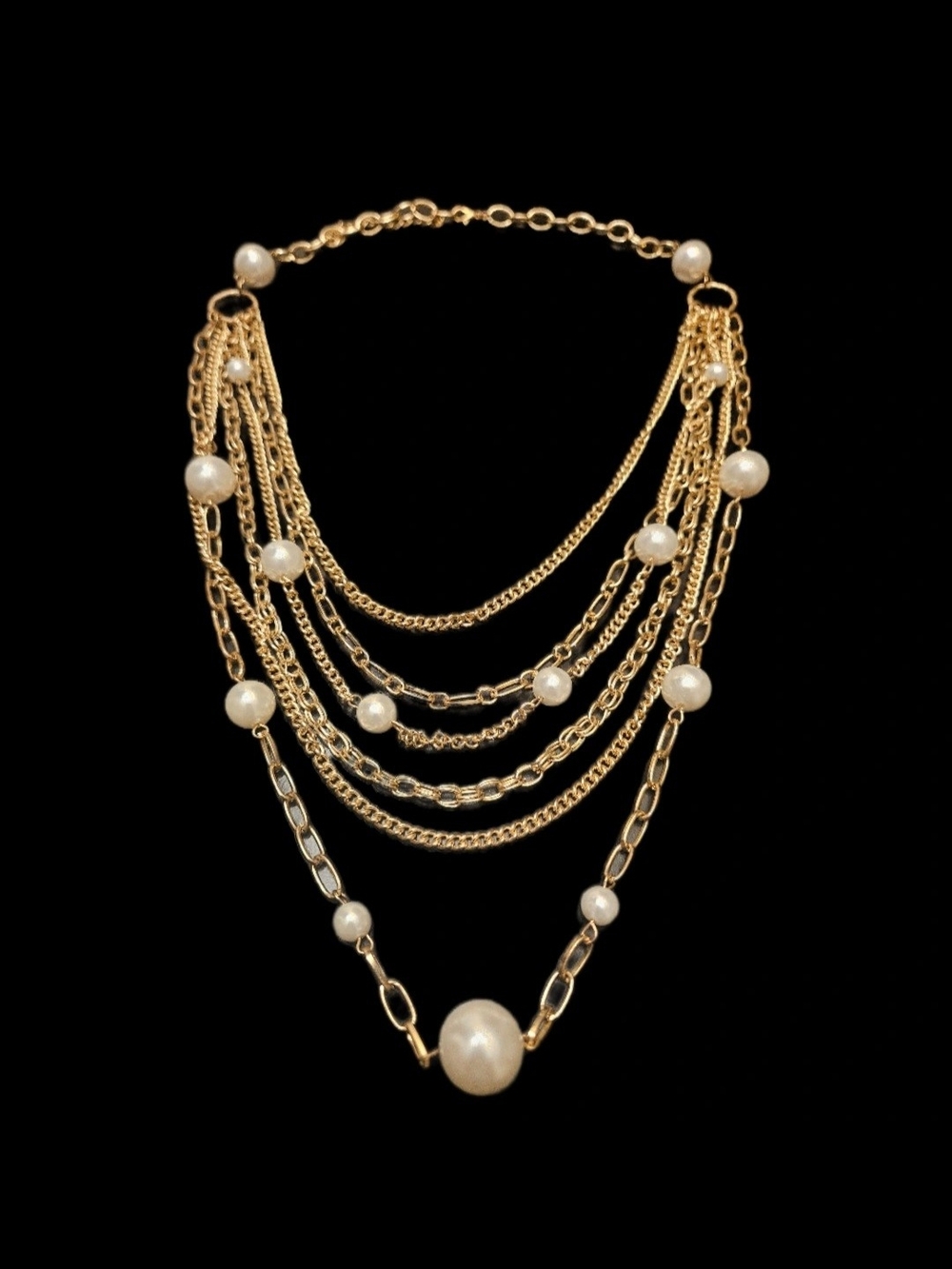 Vintage Multi Strand Gold Tone Faux Pearl Cascading Bib Statement Necklace